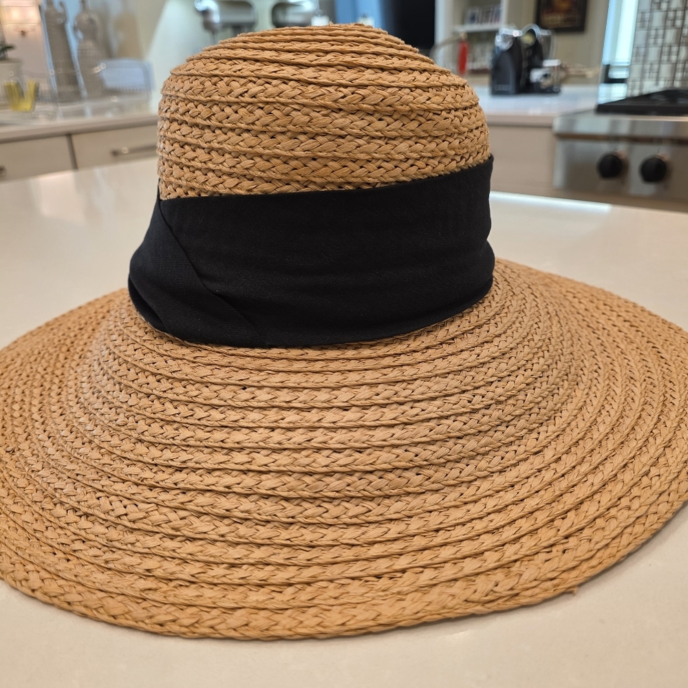 BCBGMaxAzria Tan and Black Wide Brim Straw Hat - Picture 3 of 11